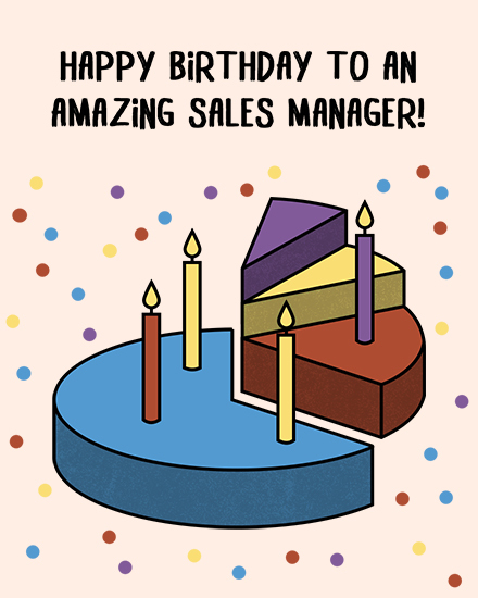 Sales manager birthday design with colorful cake slice, five candles, confetti dots, bold text