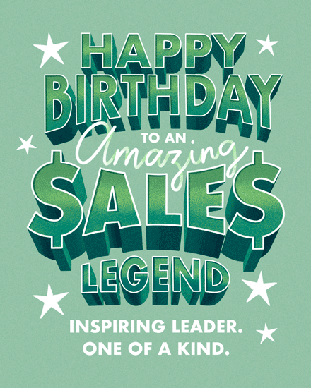 Green card with bold 3D text and stars, celebrating a sales legend.