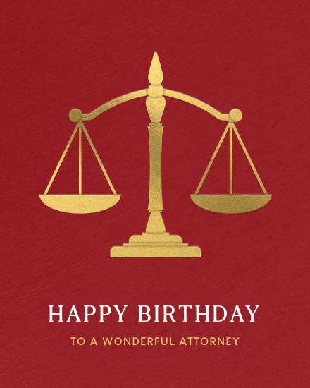 Red card with gold scales of justice and 'Happy Birthday' text.