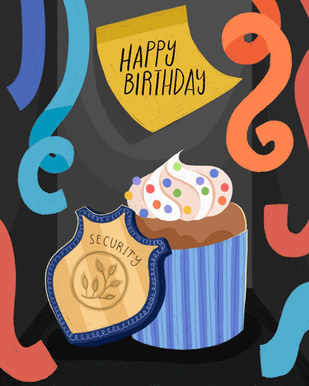 Happy Birthday banner above cupcake and security badge on dark background with colorful streamers