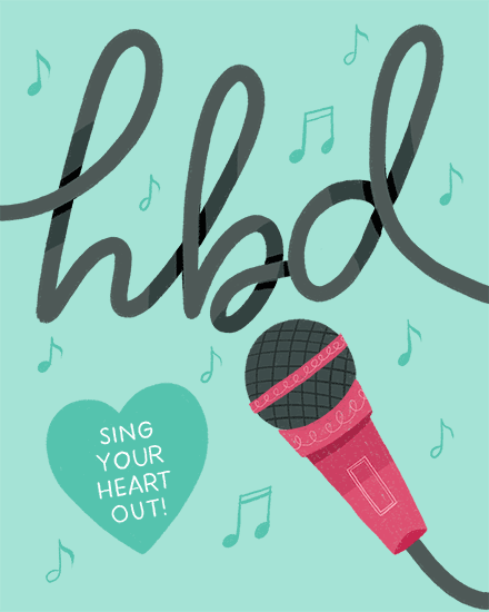 Aqua birthday design with large script text, music notes, pink microphone, and heart message