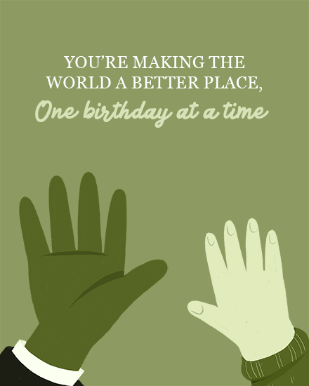 Olive background with two raised hands and uplifting birthday message in white text