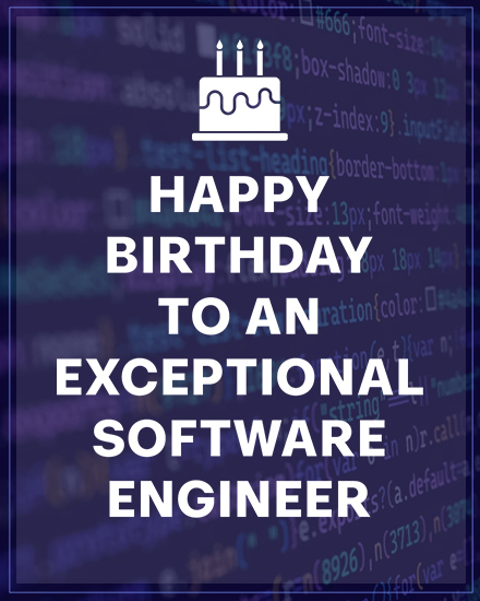 Blue code background with cake icon and bold text for software engineer birthday