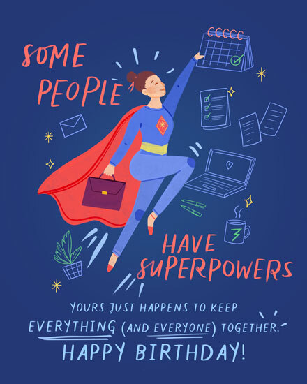 Superhero office worker illustration with checklist, laptop, and “Some People Have Superpowers” birthday text