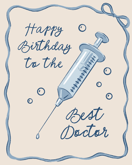 Blue script text with syringe illustration, bubbles, and wavy stitched border on beige background