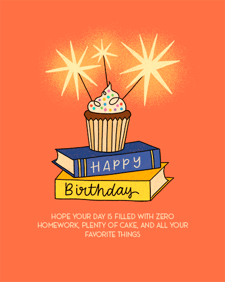 Orange birthday design with cupcake on stacked books, starbursts, and zero homework message