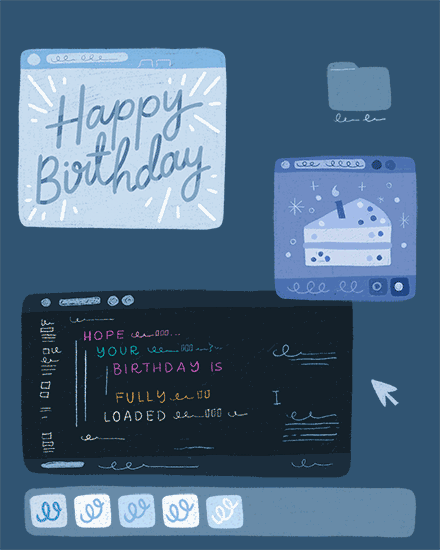 Blue digital interface illustration with Happy Birthday window, cake icon, and fully loaded message