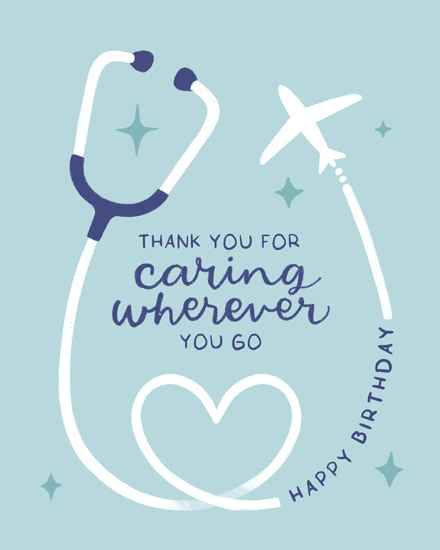 Teal birthday design with stethoscope, airplane, heart outline, and gratitude message