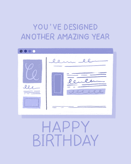 Lavender birthday greeting with website mockup illustration and text “You’ve Designed Another Amazing Year”
