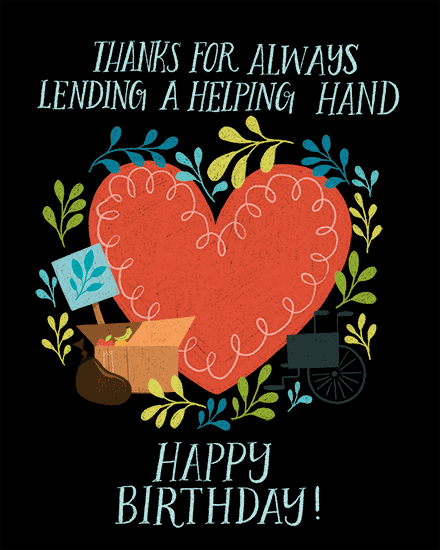 Stitched red heart with leafy accents, wheelchair icon, and “Happy Birthday” message on black