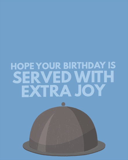 Blue design with bold text and a gray serving cloche illustration at bottom