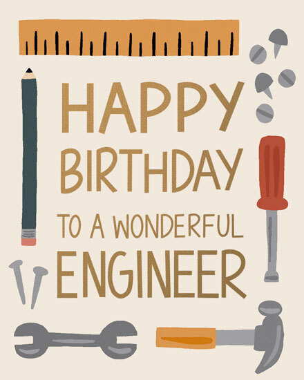 Engineer birthday design with ruler, pencil, screws, wrench and hammer around bold lettering