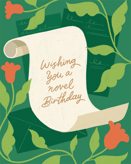 Illustrated scroll with “Wishing you a novel Birthday” surrounded by green leaves and orange flowers