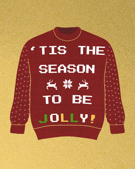 holiday season holiday card tis the season to be jolly red sweater jumpers