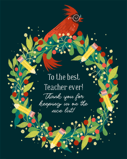holiday season bird teacher wreathe pencils berries holly