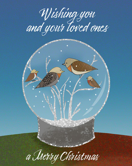 holiday season christmas card birds in snow globe