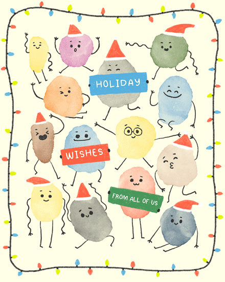 blob characters holiday season card santa hat cartoon lights