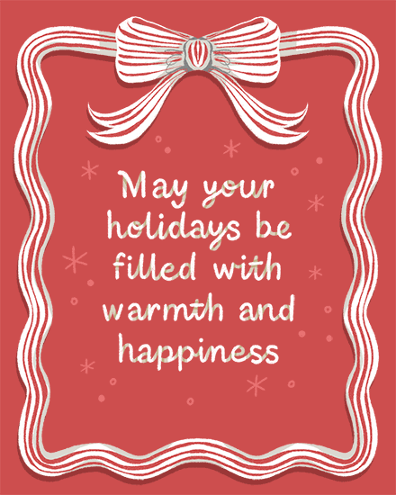 Red card with white ribbon border and festive holiday message.