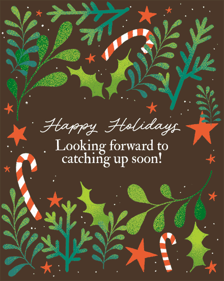 Brown card with green holly, red stars, candy canes, and holiday greeting.