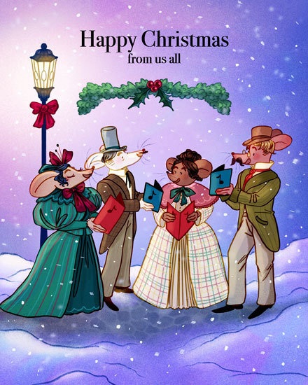 caroling mice holiday season card sing music snow lights ribbon happy christmas