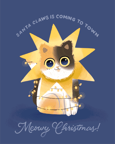 Cute cat in star costume with 'Santa Claws' text on a blue background.