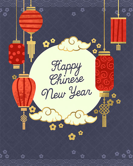 chinese new year card happy chinese new year 5 red lanterns on blue card