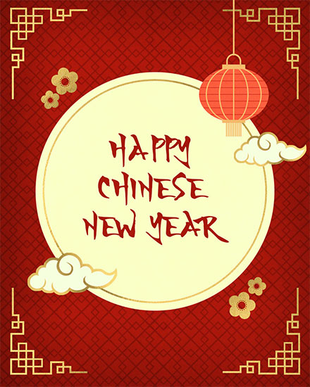 chinese new year card red card with lantern and clouds