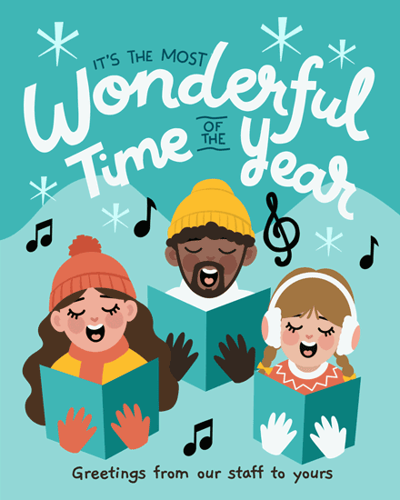choir most wonderful time holiday season card caroling singing snow music notes poc