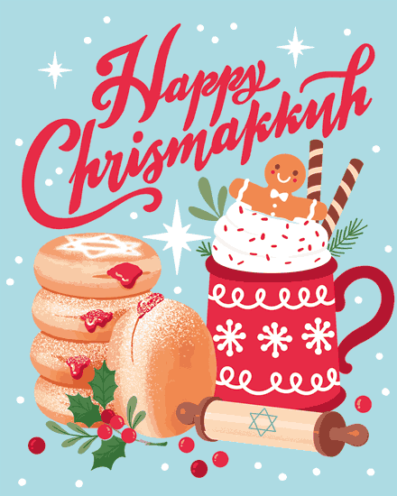 holiday season chrismakkuh hot cocoa hanukkah jam strawberry donuts doughnuts jewish holiday star of david scroll gingerbread man cookie holly berries snow stars