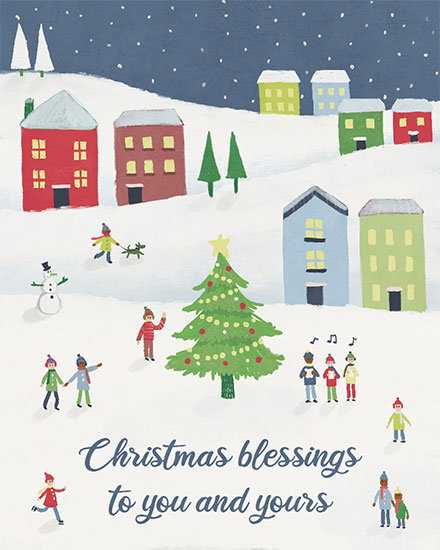holiday season christmas card christmas blessings to you and yours snowy town