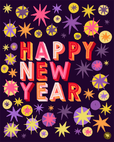 Bold Happy New Year text surrounded by colorful stars and circles on a dark background.