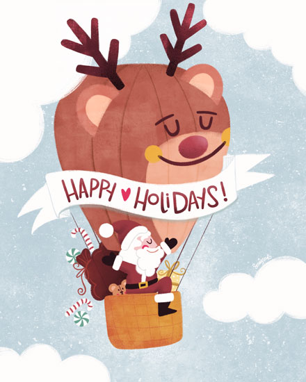 holiday season holiday card happy holidays santa in reindeer hotair balloon