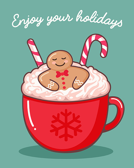 dipping gingerbread man holiday season card cane hot cocoa candy cane