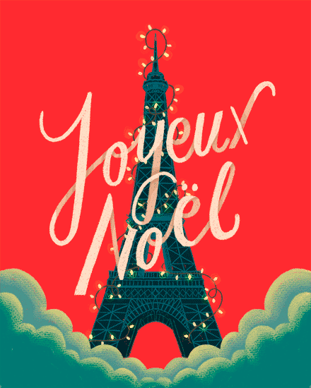 Eiffel Tower with festive lights and 'Joyeux Noël' on a red background.
