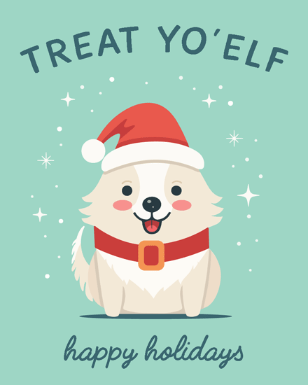 elf puppy treat yoelf holiday season card cute dog sparkle
