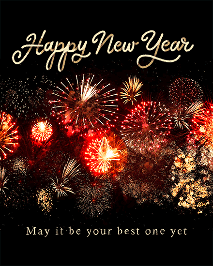 Fireworks display with 'Happy New Year' in gold script on black background.