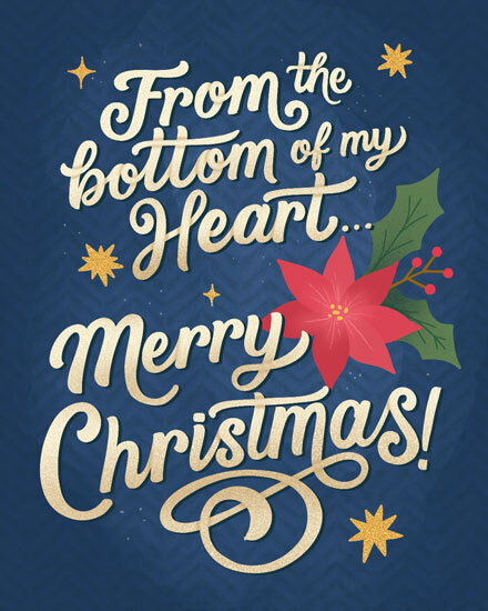 Festive card with gold script, poinsettia, and holly on navy background.
