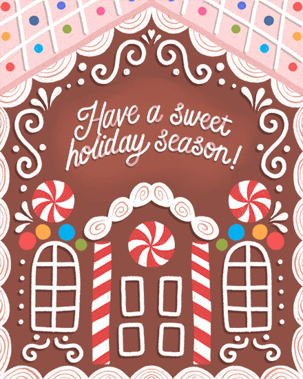 Gingerbread-themed card with candy canes, lollipops, and 'Have a sweet holiday season!' message