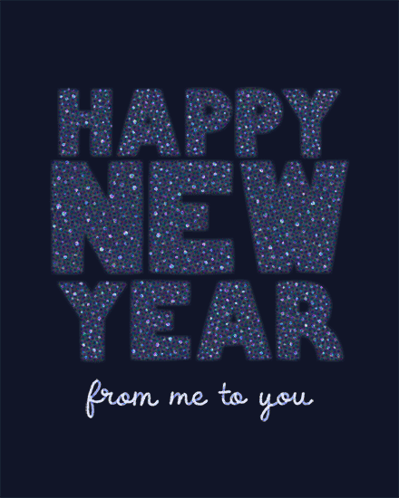 Festive card with sparkly 'Happy New Year' text on dark background.