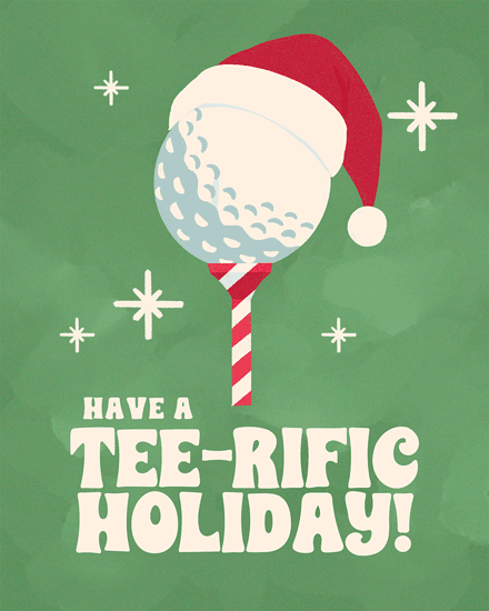Golf ball with Santa hat on candy cane tee, green background