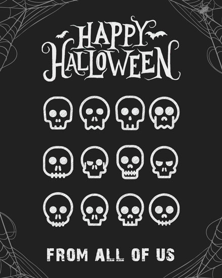 Black card with 'Happy Halloween' text, skulls, and spiderweb design.