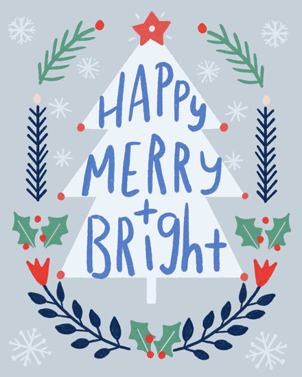 happy merry bright tree holiday season card star snowflakes
