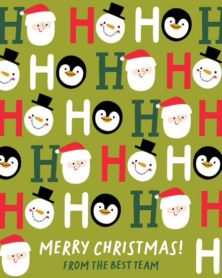 Pattern with Santa, snowmen, penguins, and HO HO HO on green background
