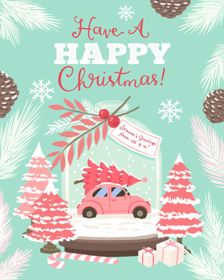 holly jolly happy GG holiday season card car tree snowflakes christmas