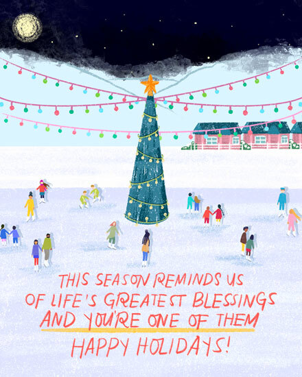 Illustrated card with Christmas tree, night sky, people, and colorful lights.
