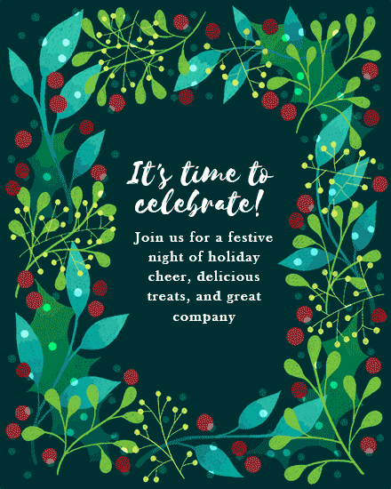Festive green leaves and red berries frame with celebratory message in center.