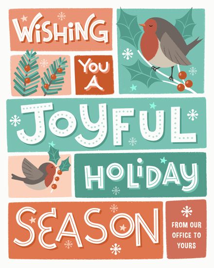 joyful holiday robins holiday season card birds snowflakes star
