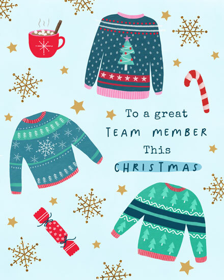 A Christmas card with sweaters, snowflakes, and festive motifs on a blue background.