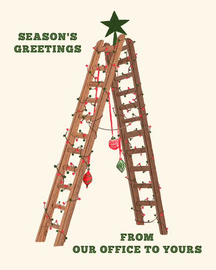 Illustration of a ladder adorned with holiday lights and ornaments, topped with a green star.