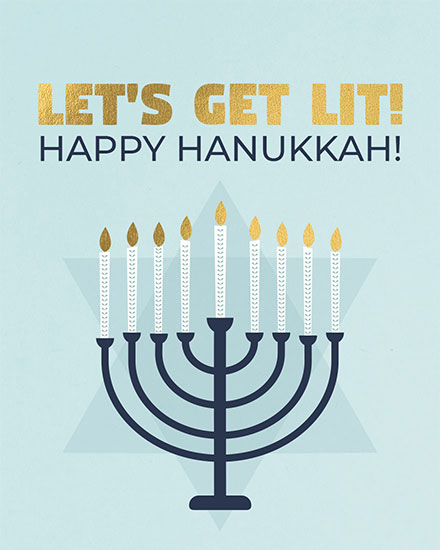 holiday season hannukah card lets get lit menorrah
